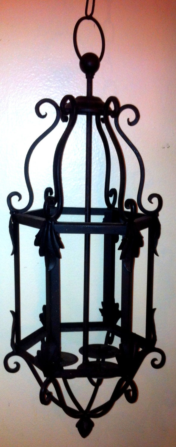 Vintage Metal CHANDELIER Candle Holder Bird Cage Style Dome with long chain intricate Metal Design 40x10"