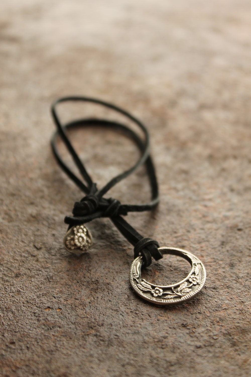 Handmade PMC Fine Silver Feminine Floral Etched Pendant Necklace
