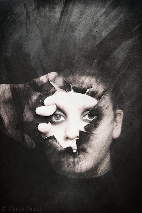 Break On Through - FREE SHIPPING - Print Broken Jagged Plastic Face Hand Dark Shadows Painted Black Cream White Surreal Sharp Edges