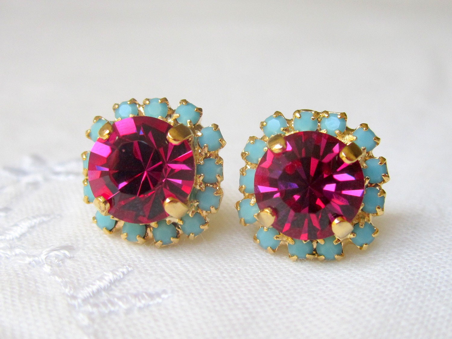 Pink Swarovski crystal Rhinestone stud earrings, Bridesmaid earrings, Crystal pink and mint turquoise stud earrings, bridal earrings