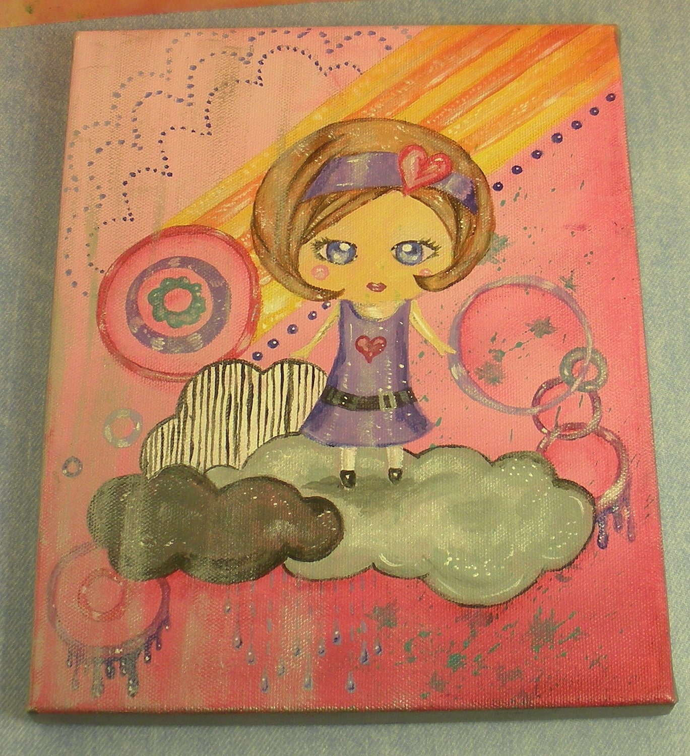 Kokeshi Doll inspired Pop Art Original Painting Rainy Day Princess