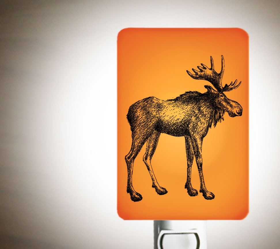 Moose Nightlight on Summer Orange Fused Glass Night Light - Gift for Baby Shower or Nature Lover - Woodland Animal