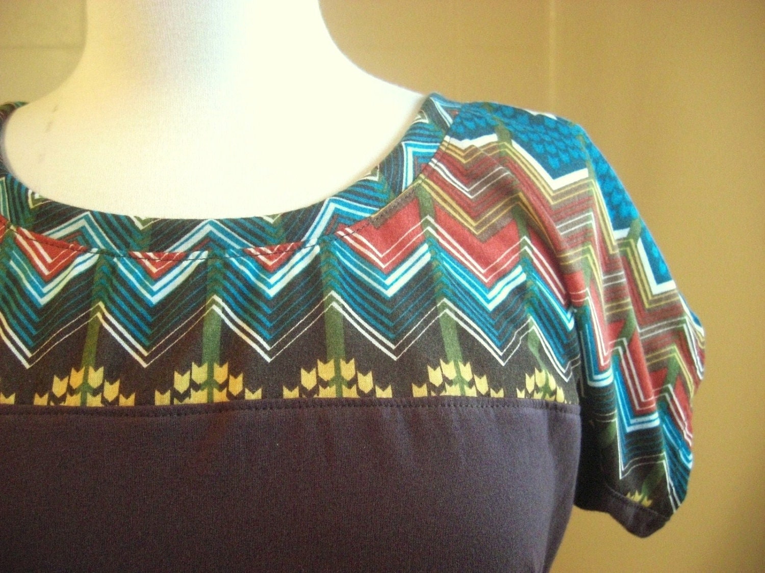 Brown Chevron Print Shift Dress teal rust tribal fall - Made to Order