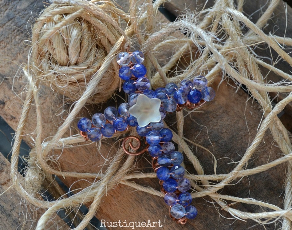 Beaded Wire Cross Faceted Blueberry Quartz with Frosted Yellow Flower Bead