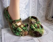 Mary Jane Crochet Slippers. Camouflage.   Slipper Gripper(TM) soles. Women US 8. Euro 39.