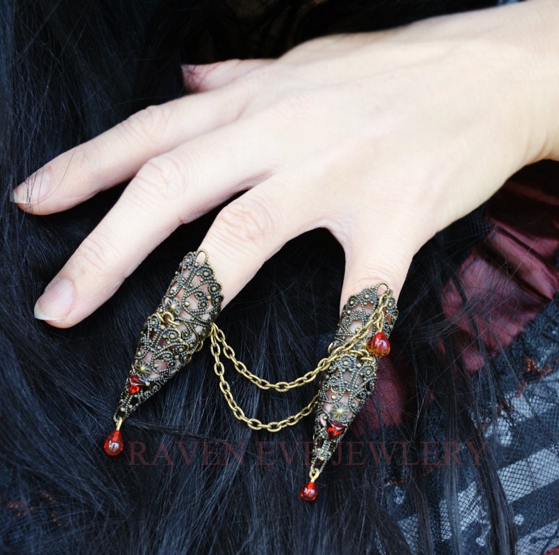 Nail Ring Nail Rings Vampire Queen Fierce Brass Filigree Jeweled Nail Armor Ring Set Double Attached Rings