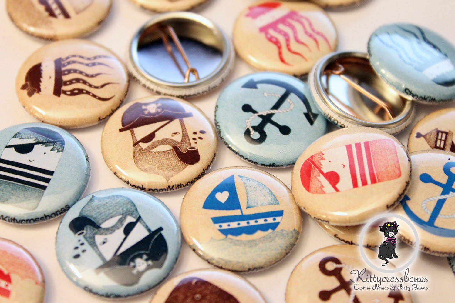 Set of 25 1" Button Party Favors - Nautical Theme - Button Party Favors - Pirate, Ship, Matey, Anchor