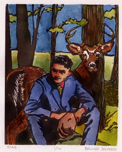 Original Linocut with Watercolor Figure Vintage Deer Buck Man Stag