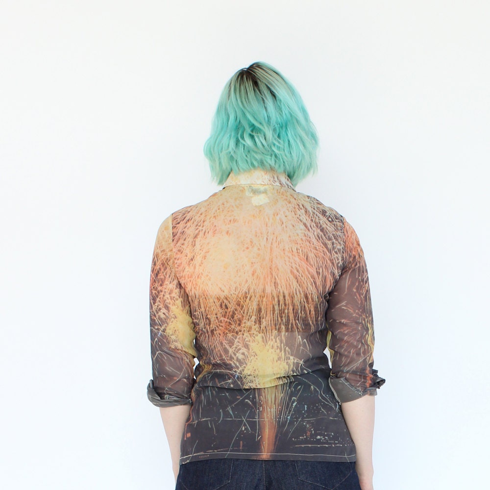 vintage 1970's photo realistic SHEER FIREWORK print blouse
