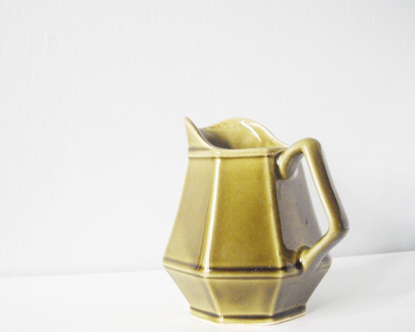 Vintage pitcher dark green elegant lovely retro kitchen - faceted pottery creamer