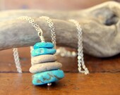 Turquoise and Stone Cairn Necklace - Sleeping Beauty turquoise, beach stones, vintage chain, December birthstone