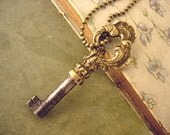 Antique Key Necklace - Ornate Little Brass and Steel Cabinet Key - Eternal Flame
