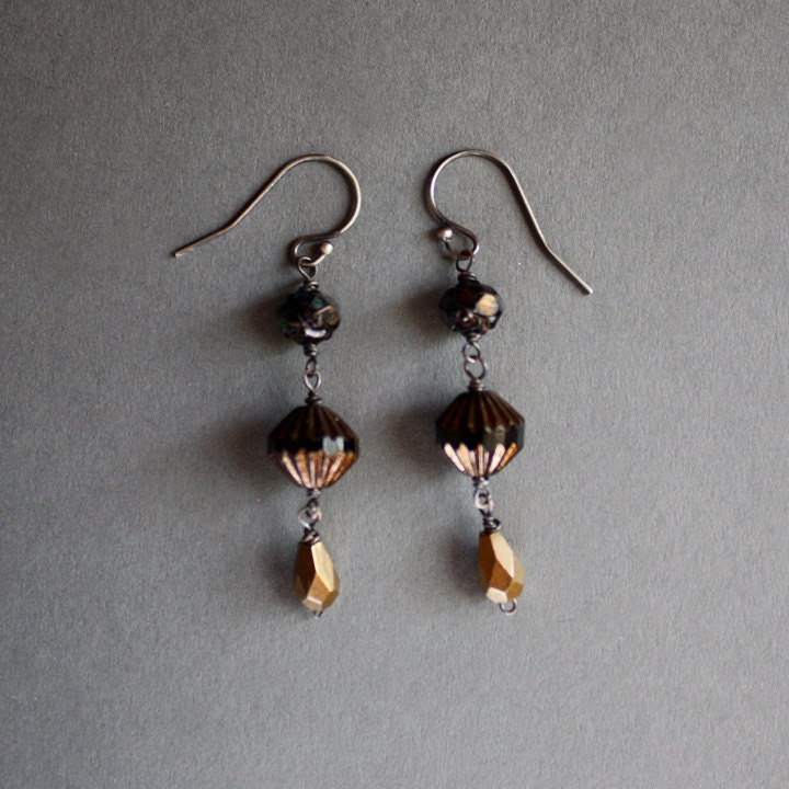 Bronze Black earrings - metallic black, dangle earrings, black gold glass