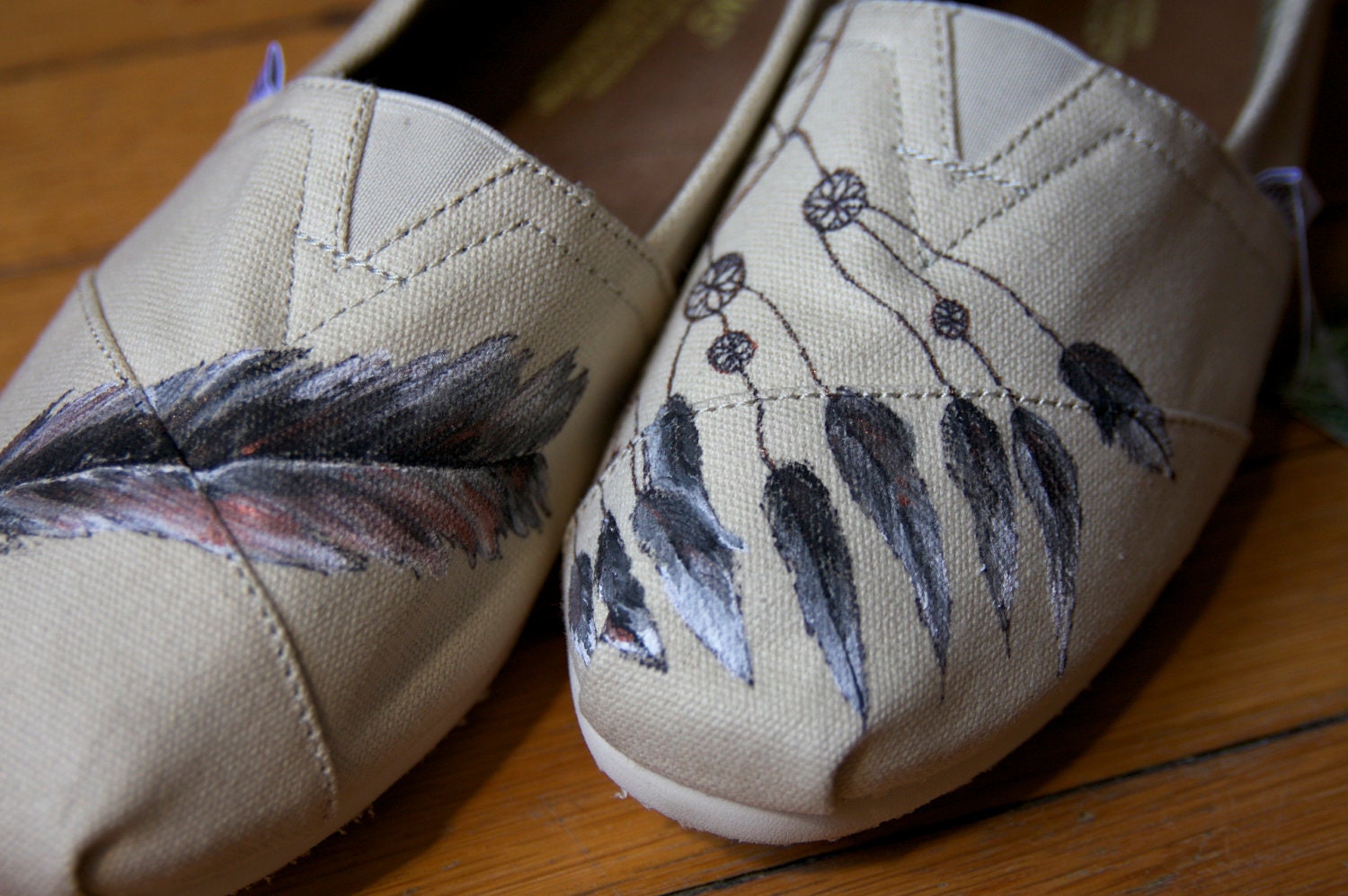 Limited Edition Custom TOMS Shoes - Dream Catcher and Feather on Natural