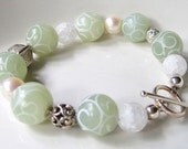 New Jade Beaded Bracelet, Sterling Silver, Mint Green Carved