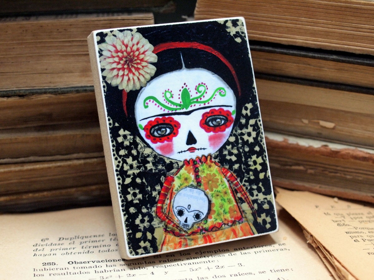 Frida Catrina And The Skull - Halloween ACEO Giclee Reproduction Mounted On Wood Block by Danita Art (2.5  x 3.5 Inches Print)