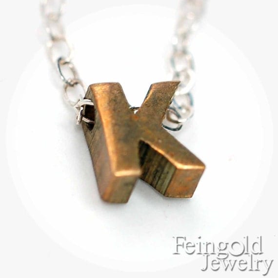 K Letter Necklace - Vintage Brass Initial Pendant on Sterling Silver Chain - Free US Shipping
