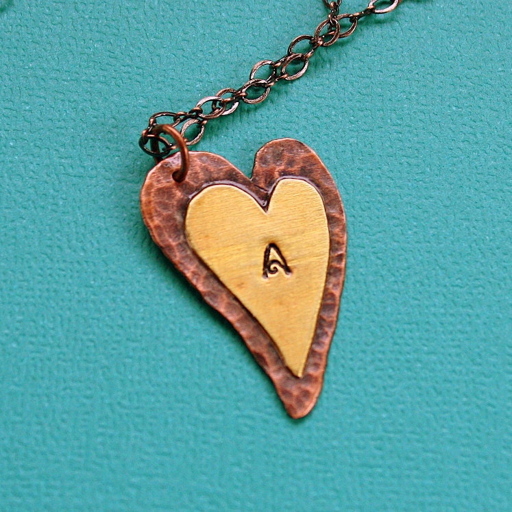 Hand Stamped Rustic Heart Necklace personalized copper brass initial charm pendant