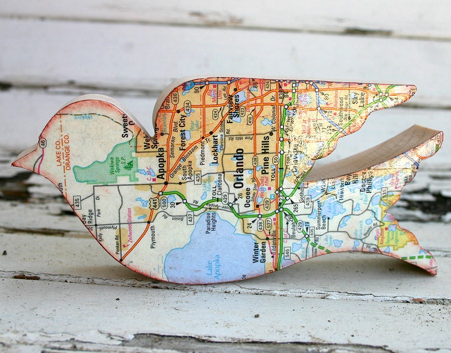 Birds of the World wooden bird with vintage Orlando Florida map