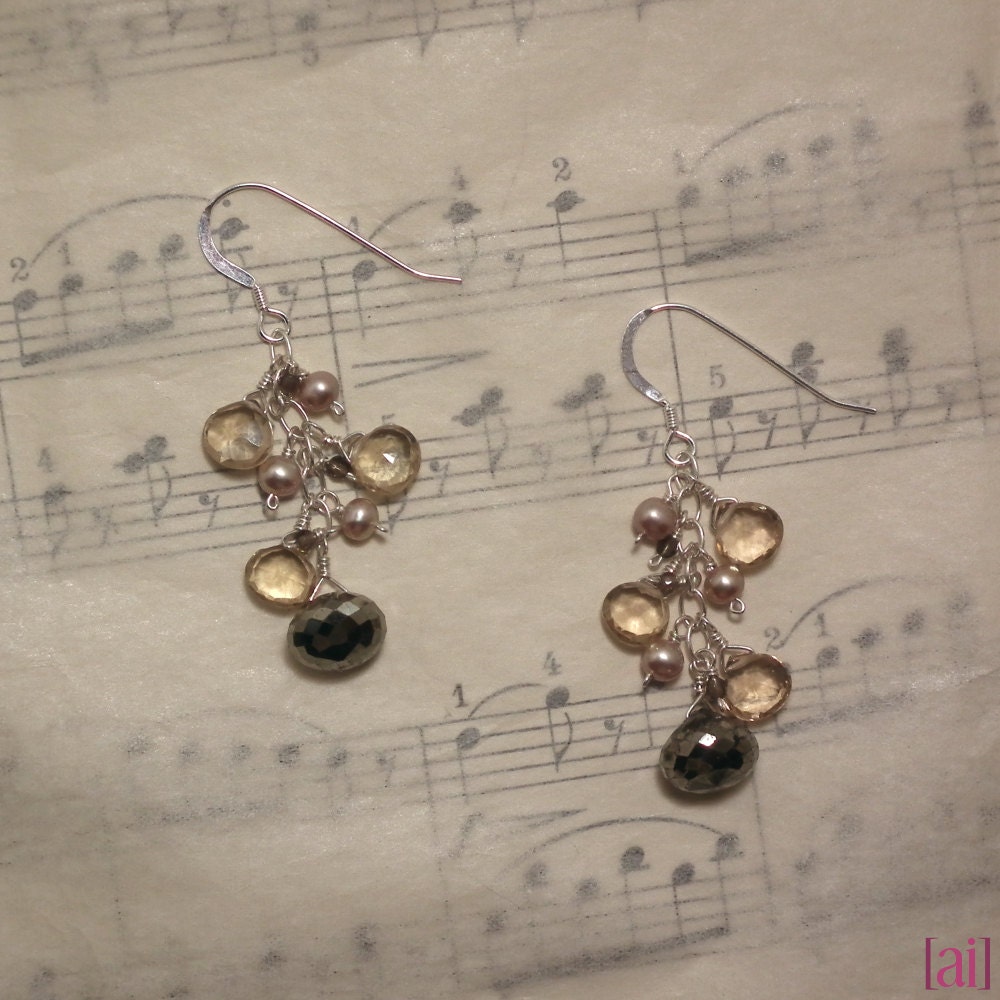 Darcene - Pyrite, champagne quartz, pearl, and smoky quartz earrings