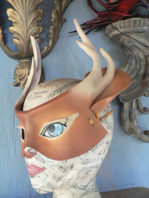 White tail Deer, leather mask with antlers, nature greenman costume
