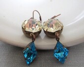 Rhinestone Earrings, Copper Earrings, Copper Jewelry, Vintage Glass, Vintage Rhinestone, Crystal Clear, Aquamarine Glass