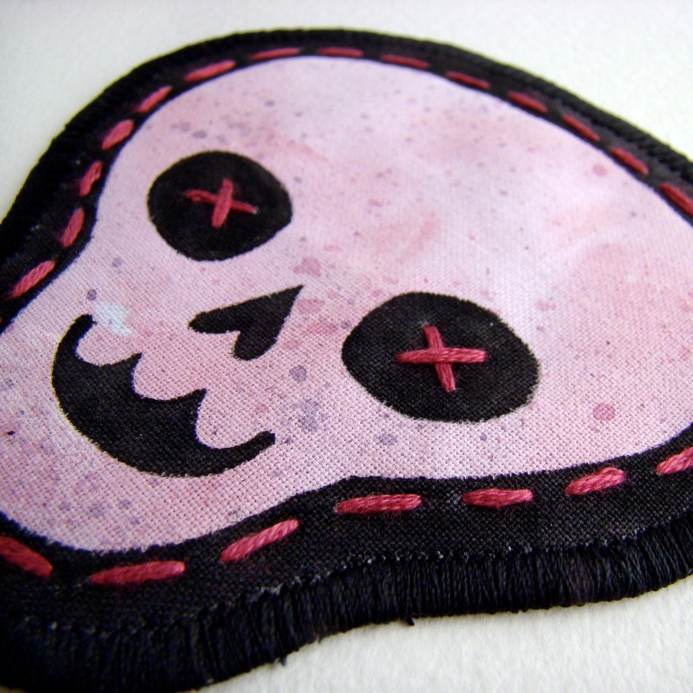 Hand Painted Fabric Patch -Pink Skull with purple spatter-