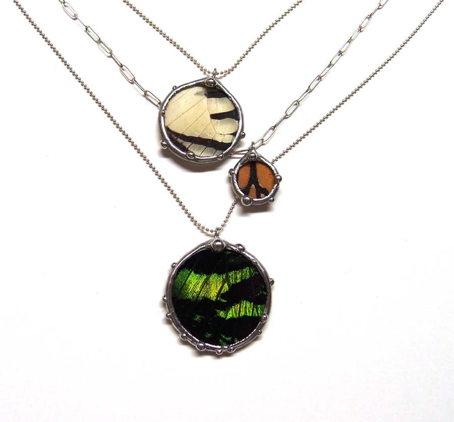 Layered Chains with Real Blue Butterfly Wing Pendants - Nature Art Jewelry