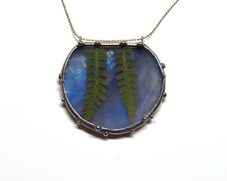 Two little Ferns on Blue Glass Necklace - Jewelry Inspired by Nature