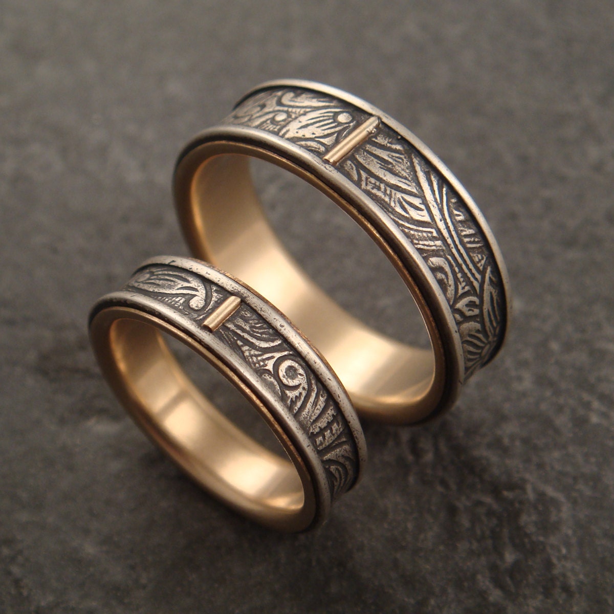 Wedding Ring Set - Commitment Rings - Sunflower Pattern Sterling Silver and 14k Gold Bands