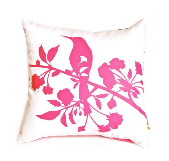 Hot Pink Print on Off white Blooming Blossom-Mini 10.5 Inches Square Pillow