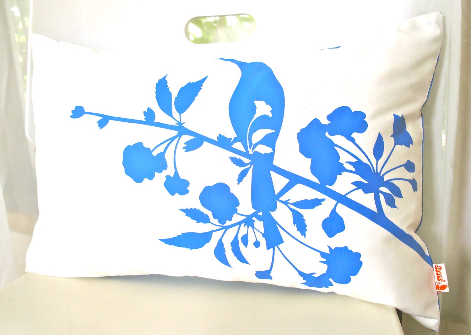 Royal Blue on Off White Blooming Blossom Rectangle Pillow