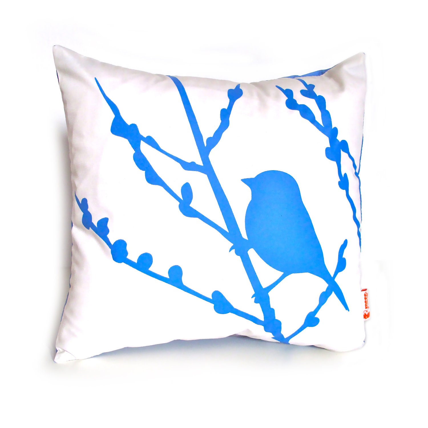 Royal Blue Print on White Cotton Bird on Cherry Blossom Mini 10.5 Inches Square Pillow