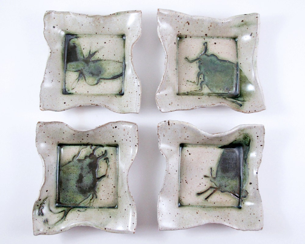 Insects Snack Plate Set - Bone White and Green - Beetles and Butterflies Handmade Pottery - Ceramic