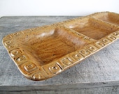 Divided Serving Platter - Three Part Vegetable Tray - Gold Brown - Retro Squares - Long Rectangular Platter