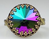 Denim Blue Purple Haze Rivoli Rhinestone Ring Vintage Inspired Oxidized Brass Swarovski Blue Violet Pink Aqua Adjustable Jewelry