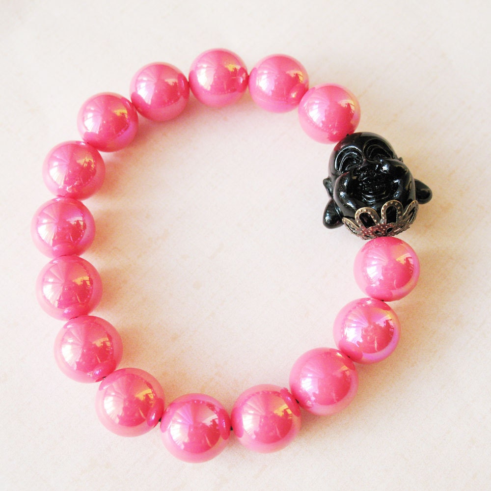 Pink and Black Happy Buddha Beaded Bracelet - Buddhism Zen