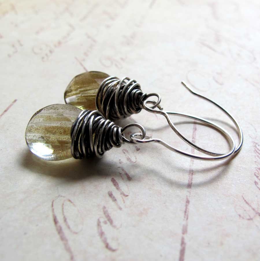 Gold Rutilated Quartz Drops Wire Wrapped Sterling Silver Earrings
