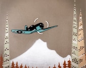 Corsair in Blue Over Mt. Hood, 8"x8"- Archival Print of My Original Painting