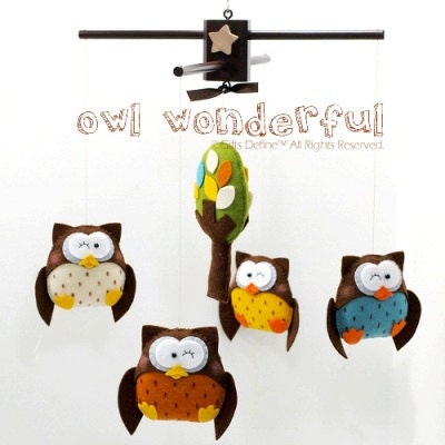 Musical Custom Baby Mobile OWL WONDERFUL and TREE (Artist Choice Colors) - Felt Hanging Mobile for Baby Crib, Playroom and Modern Nursery