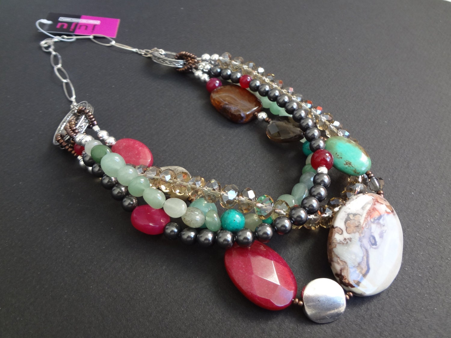 CLASH multi-strand funky gemstone, crystal and pearl necklace.  Funky modern jewelry.  Hot pink.  Turquoise.  Crystal.  Unique necklace.