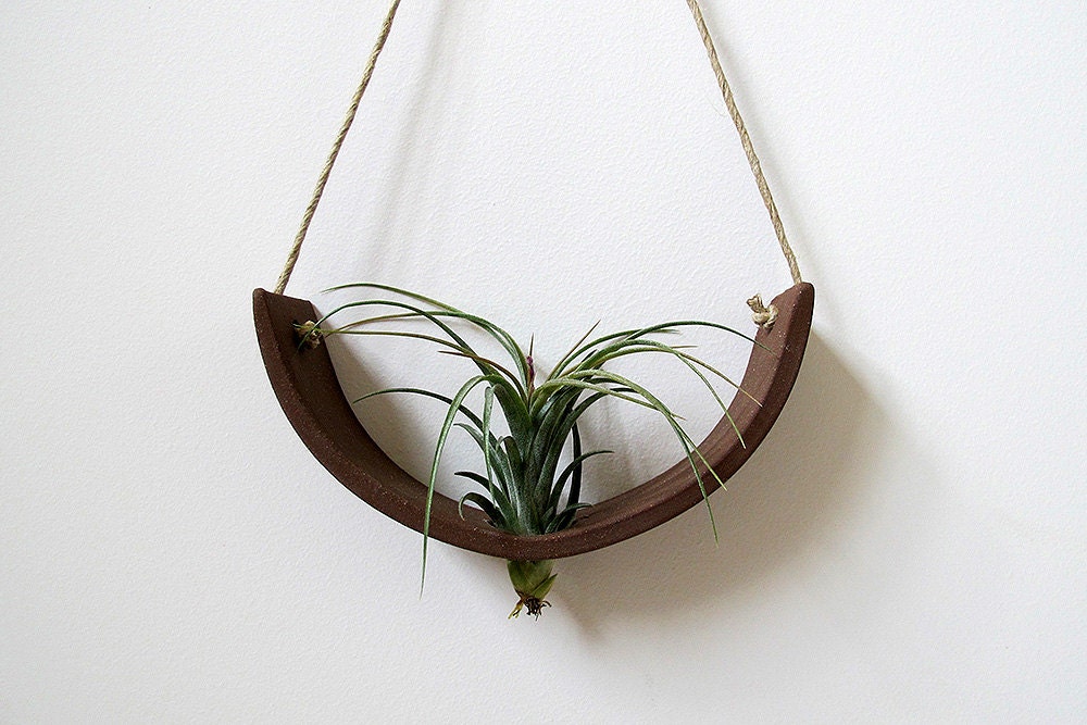Hanging Air Plant Cradle (tm) - Dark Brown Stoneware Planter Vase
