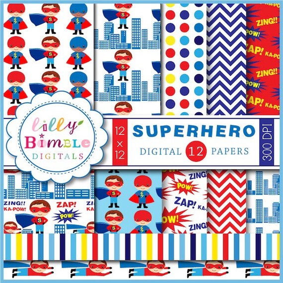 Superhero digital papers for birthdays, scrapbooking. Commercial use included Il_570xn