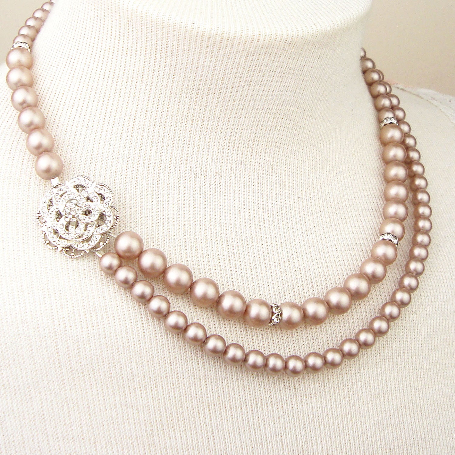 Champagne Pearl Bridal Necklace, Wedding Necklace, Champagne Bridal Jewelry, Vintage Style Wedding Jewelry, Rhinestone Bridal Necklace, ROSE