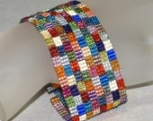 Not Your Grandma's Patchwork ... Beadwoven Bracelet . Handmade . Jewelry . Peyote Cuff . Geometric . Multicolor . Metallic . Squares