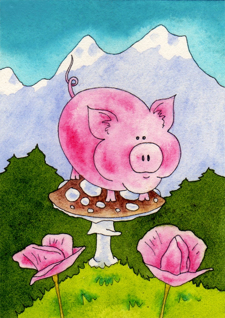 Pig and Poppies ACEO Mushroom Original Watercolor Painting ATC