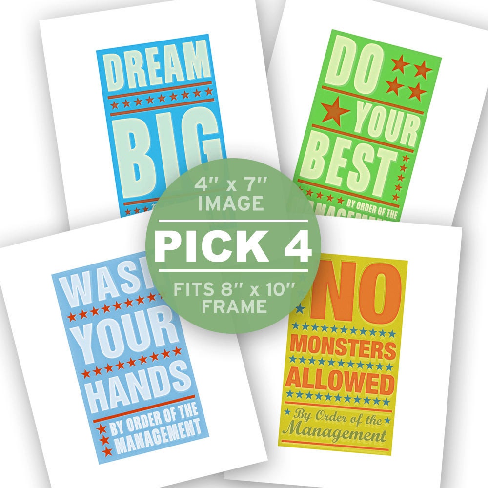 Kids Room Decor - By Order of Management - 4 in x 7 in - Set of 4 Nursery Art Prints  - Fits 8" x 10" frame House Rules Art - Nursery Decor