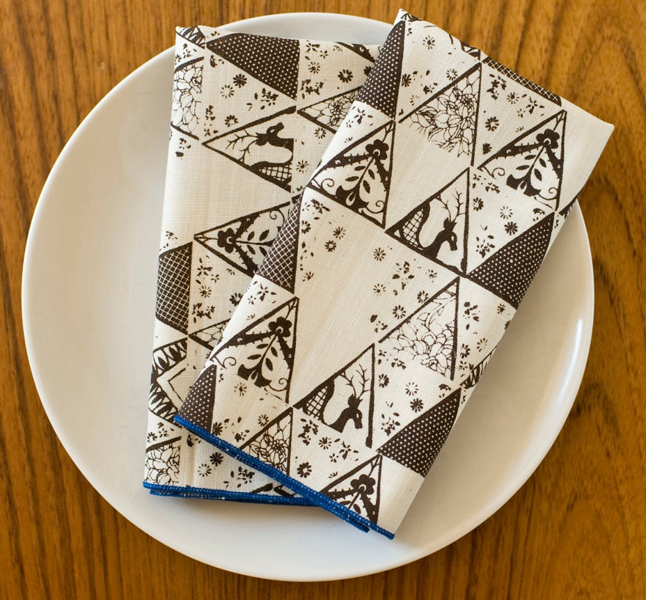 NEW Hand Printed Cloth Napkins, Winter Triangles in Walnut Brown, Anna JoyceTextile Collection