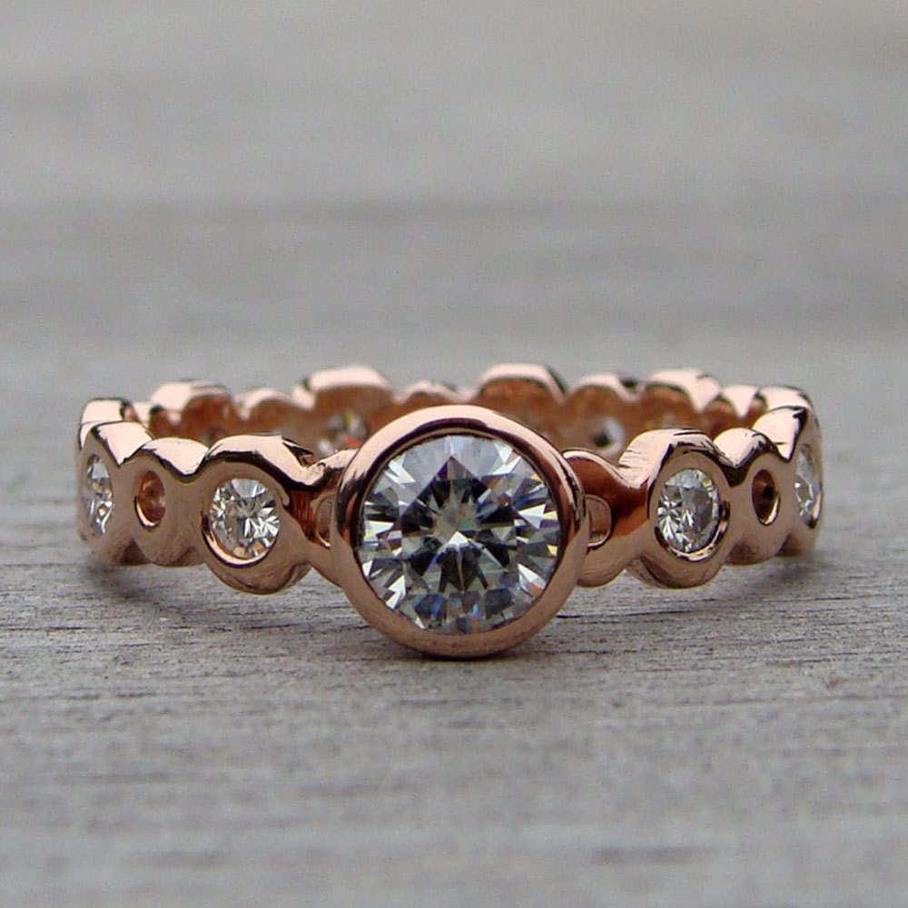 Moissanite and Recycled 14k Rose Gold Engagement Ring and Wedding Band Set - Eco-Friendly Diamond Alternative - Made to Order