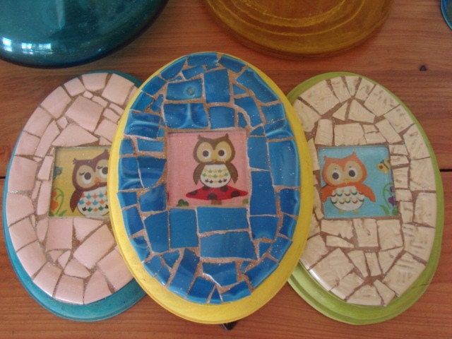 Retro Vintage Glass Owl Mosaic Tile Oval Wall Plaques Pink Blue Yellow Art